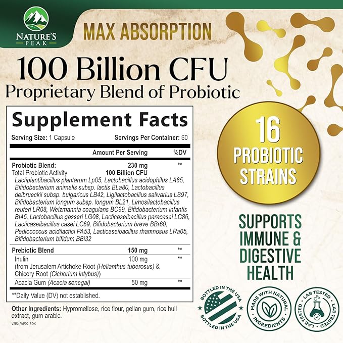 Probiotics for Women's Digestive Health - 100 Billion CFU, 16 Strains with Prebiotics, Supports Immune, Gut Health, PH, Gas & Bloating, Best Probiotic for Women & Men, Shelf Stable - 60 Capsules