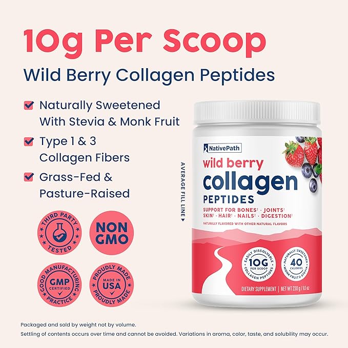 NativePath Collagen Peptides - Hydrolyzed Type 1 & 3 Collagen. Keto & Paleo Grass-Fed Protein Powder for Hair, Skin, Nails, Bones, Joints, Digestion and More - No Gluten or Dairy (Wild Berry, 230g)