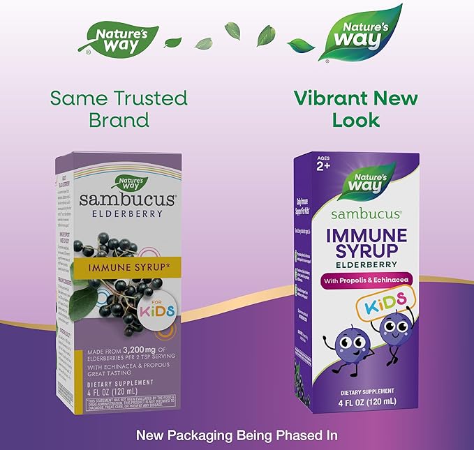 Nature's Way Sambucus Elderberry Immune Syrup for Kids Ages 2+, with Echinacea & Propolis, Daily Immune Support*, Vegetarian, Berry Flavored, 4 Fl Oz (Packaging May Vary)