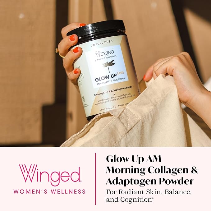 Winged Wellness Glow Up AM, Collagen Powder for Women - Morning Beauty Supplement for Glowing Skin with Grass-Fed Hydrolyzed Collagen Peptides, Lion's Mane & Maca Root - 21 Servings, Unflavored