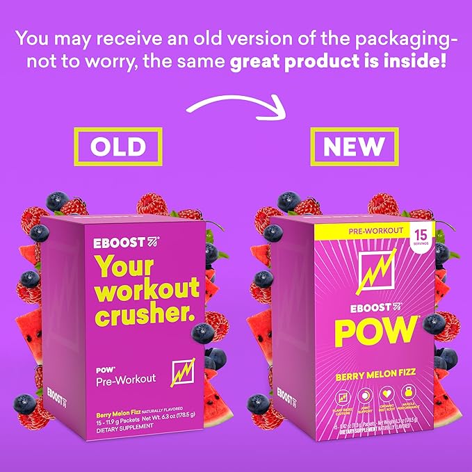 EBOOST POW Natural Pre Workout Powder - 15 Packets, Berry Melon Fizz - Preworkout Energy Booster Gym Supplement Drink Mix for Men and Women - Performance, Joint Mobility Support - Gluten-Free