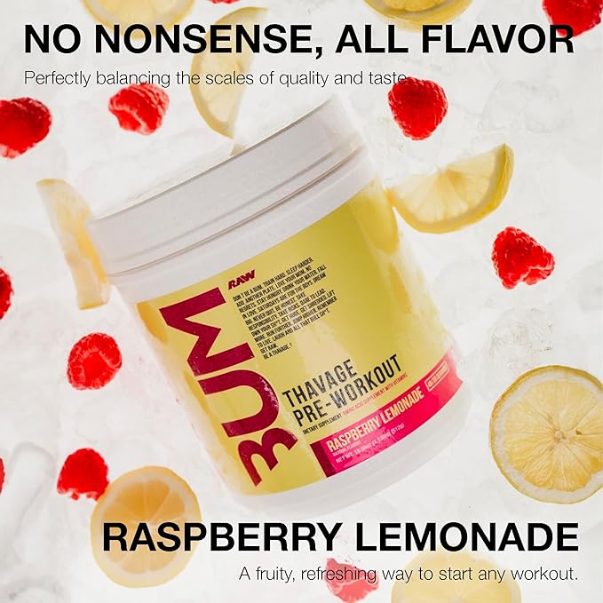 RAW Pre Workout Powder, Thavage (Raspberry Lemonade) - Chris Bumstead Sports Nutrition Supplement for Men & Women - Cbum Pre Workout for Working Out, Hydration, Mental Focus & Energy - 40 Servings