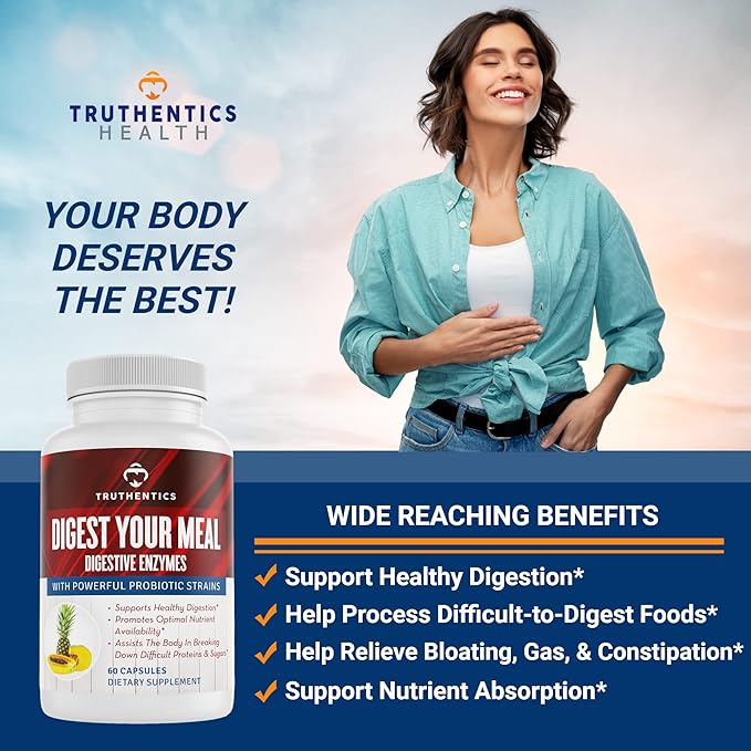 TRUTHENTICS Digestive Enzymes Plus Probiotics & Prebiotics with Bromelain, Lactase, Galactosidase, Acidophilus - Vegan Digestion Aid, Constipation Bloating & Gas Relief for Men & Women - 60 Capsules