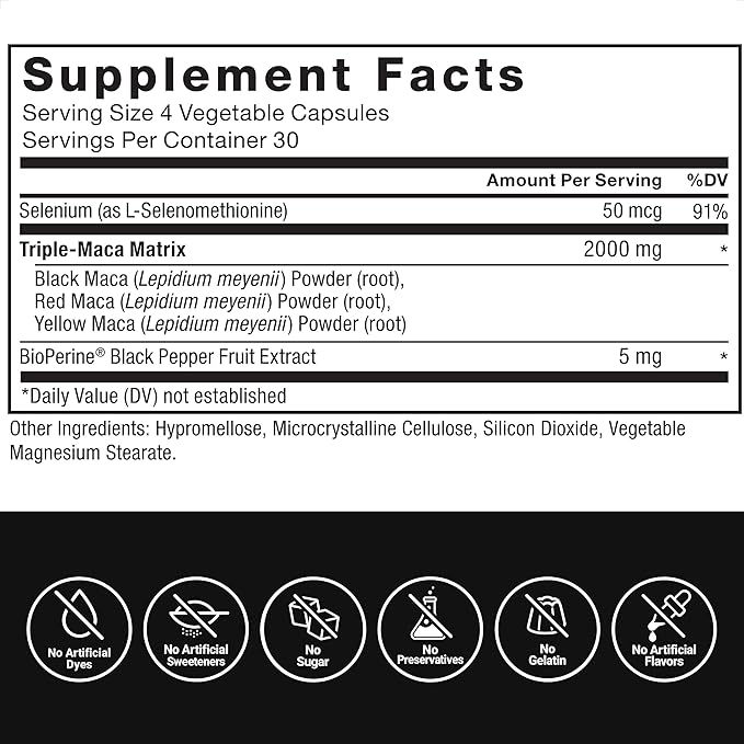 Force Factor Maca Max, Maca Root Capsules to Maximize Vitality & Performance, Made with Black Maca, Red Maca, & Yellow Maca Powder, Maca Root Powder, 2000mg, 120 Capsules