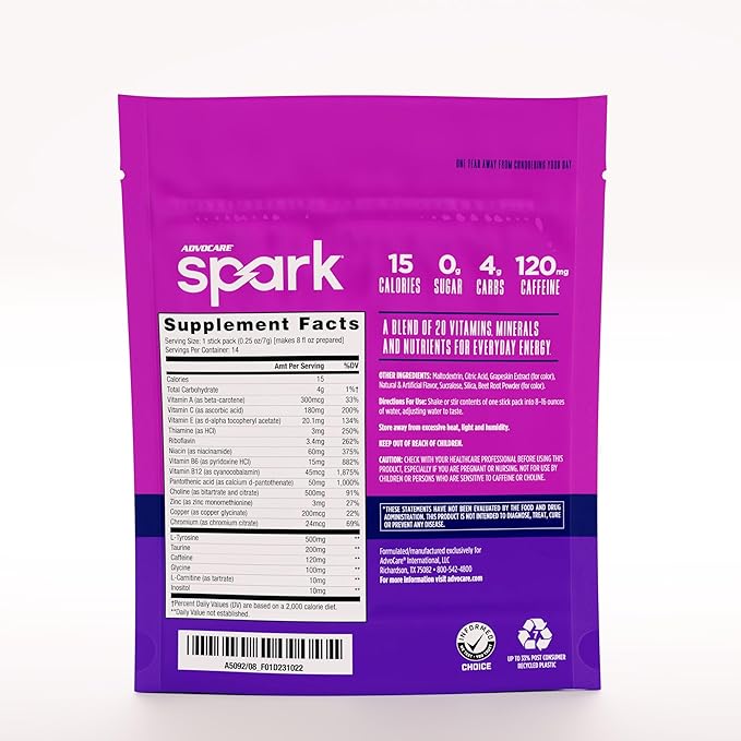 AdvoCare Spark Vitamin & Amino Acid Supplement - Focus & Energy Drink Powder Mix with Vitamin A, B-6, C & E - Also Includes L-Carnitine & L-Tyrosine - Grape, 14 Stick Packs