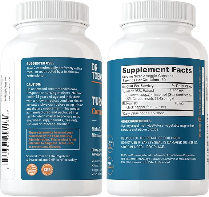 Dr. Tobias Omega 3 Fish Oil, 2000mg, and Turmeric Curcumin, 95% Curcuminoids, Promotes Overall Health with Antioxidant Support