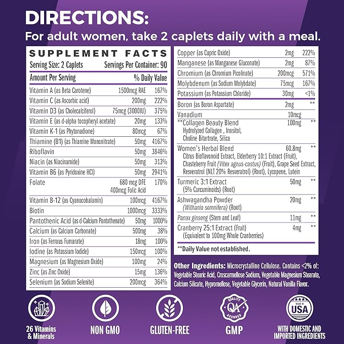 Vitamin World Ultra 360 Multivitamin for Women, Women's Multivitamin with Herbs & Collagen for Hair, Skin & Nails, Supplement with Iron, Vitamin A, B, C, D, E for Energy & Immune Support, 180 Caplets