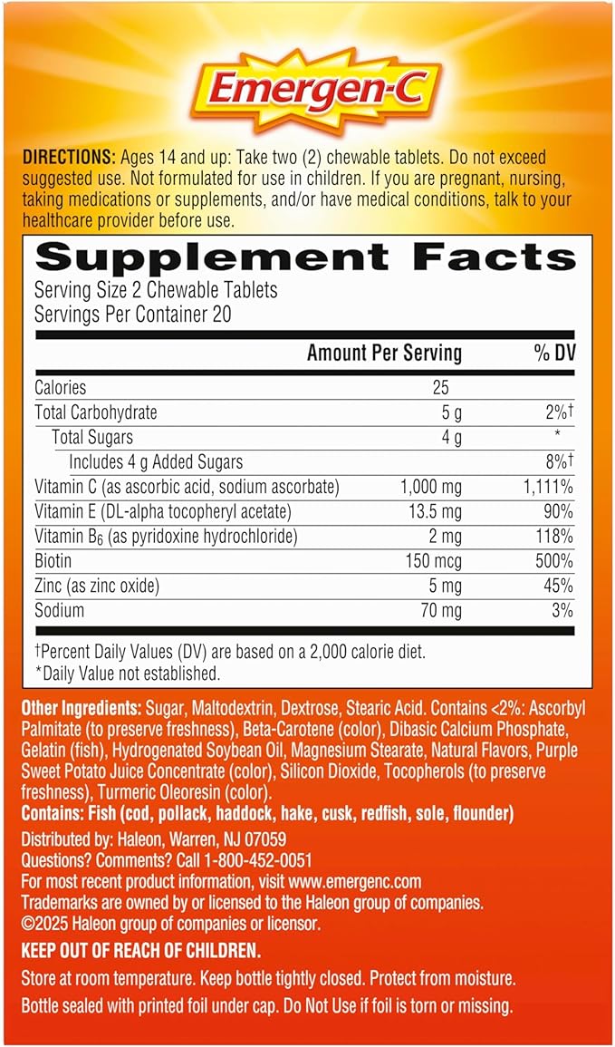 Emergen-C Chewable Vitamin C 1000mg, With B Vitamins And Antioxidants Tablet (40 Count, Orange Blast Flavor), Dietary Supplement