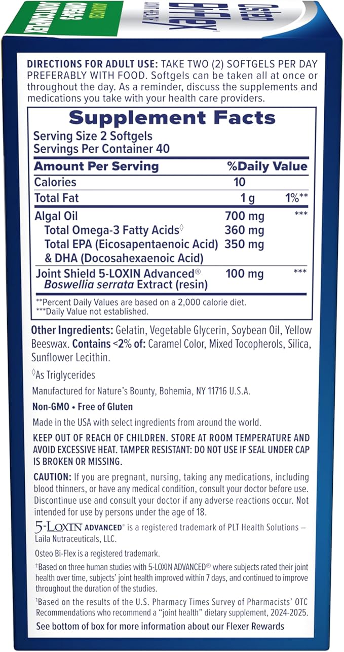 Osteo Bi-Flex Advanced Omega-3 Joint Complex, Plant-Based Algae Oil, Joint Support Supplement, 80 Count Softgels