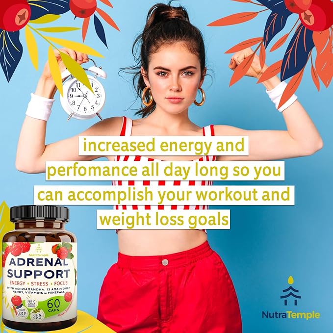 Adrenal Support & Cortisol Manager – Extra Strength Adrenal Fatigue Supplements for Energy, Brain Fog with Ashwagandha, Rhodiola Rosea, L Thyrosine, Holy Basil – 60 Non GMO Pills