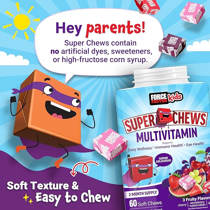 Force Factor Kids Multivitamin Super Chews, Kids Vitamins to Support Wellness, Immune Health, Eye Health, & More with 18 Vitamins, Minerals, & Antioxidants, 2-Month Supply, Multi-Flavor, 60 Soft Chews