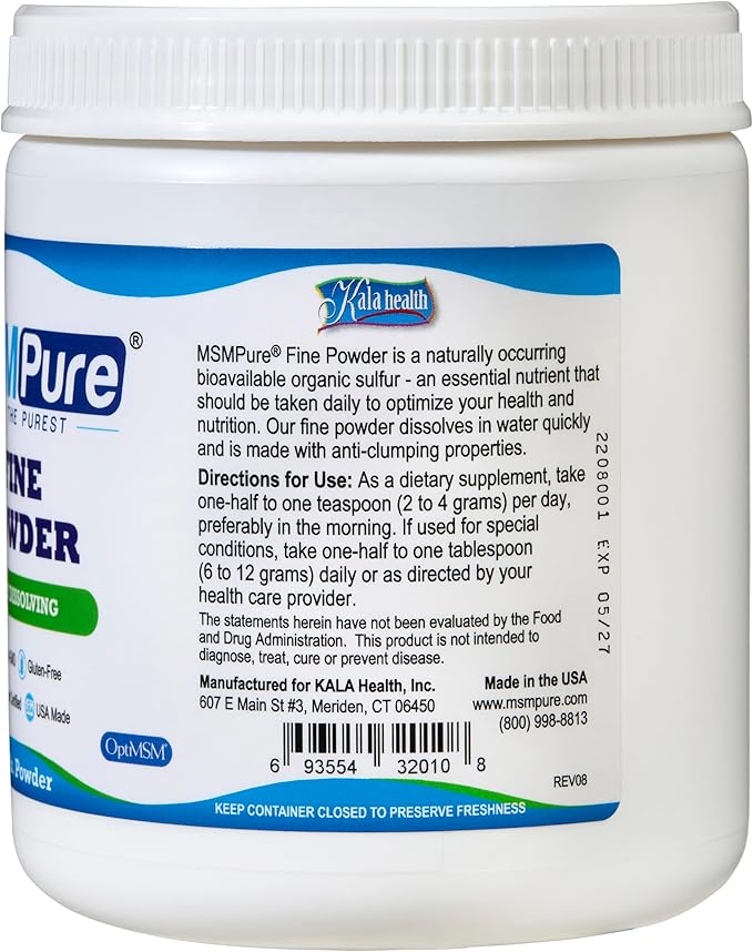 KALA HEALTH MSMPure Fast Dissolving Fine MSM Powder Crystals – US-Sourced MSM for Joint Health, Skin Appearance, and Hair & Nail Support – 1 lb, Organic Sulfur