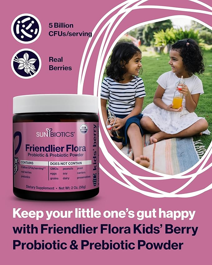 Friendlier Flora - Kids Prebiotic and Probiotic Powder Supplement with 5 Billion CFUs of 5 Probiotic Strains for Good Gut Flora, Immune System, & Balanced Microbiome - Berry, 2 Ounce