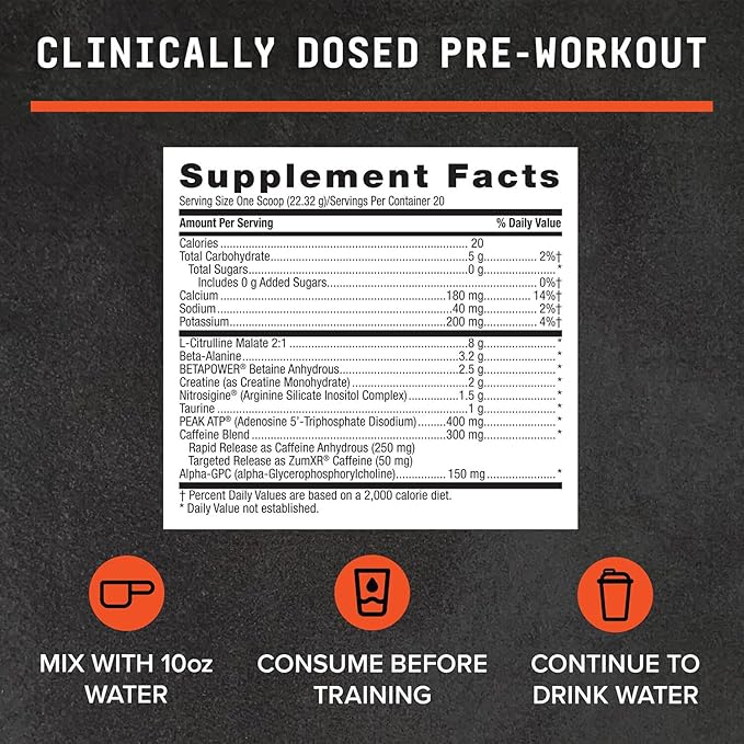 BEYOND RAW LIT Advanced Pre Workout Formula, Lemon Ice, for Energy, Focus, Endurance, Pumps, with 300mg Rapid and Targeted Release Caffeine, Creatine, Betaine, Beta Alanine, Taurine, 20 Servings