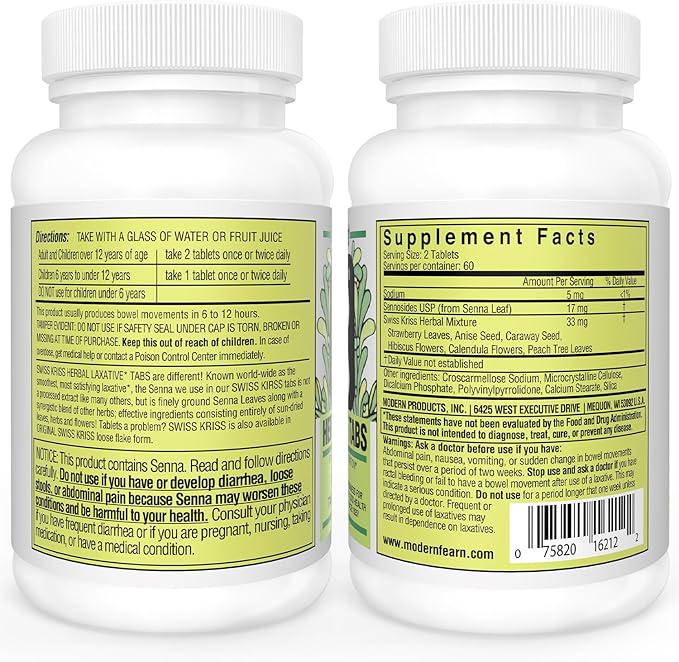 Swiss Kriss Herbal Laxative Tablets, Gentle & Natural Laxatives for Constipation Relief for Adults & Children Over Age 6, Works in 6-12 Hours, Senna Laxative, 120 Tablets Total