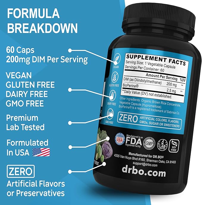 DIM Supplement for Women & Men 200mg - Androgen Estrogen Blocker for Men & Women, Hormonal Acne Pills, Hormone Balance, Menopause Support, Diindolylmethane DIM Supplement Plus BioPerine - 60 Capsules