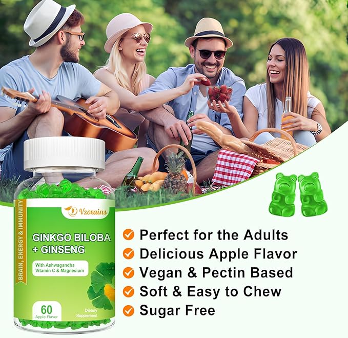 Ginkgo Biloba Gummies with Ginseng and Magnesium, Ginko Biloba Supplements Gummies for Brain Focus, Mood and Memory for Adults, 120 Cts