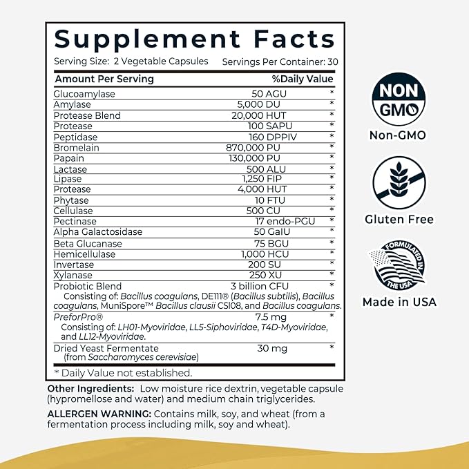 4-in-1 Prebiotic Probiotic & Postbiotic for Women & Men, Complete Gut & Digestive Support Supplement, Pre Post Probiotics & Digestive Enzymes 60 Capsules,Made in USA