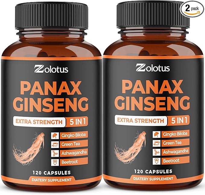 Zolotus Korean Red Panax Ginseng + Ginkgo Biloba, Ashwagandha, Beetroot, Green Tea - 120 Capsules (Pack of 2)