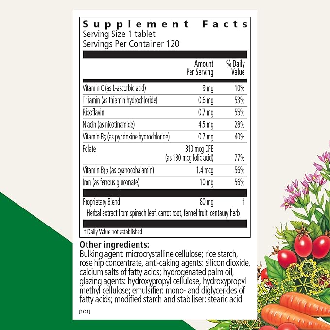 Floradix Iron Tablets - Iron Supplement with Folic Acid, Vitamin C & More - Energy Support* - Vegetarian, Gluten-Free - 120 Tablets