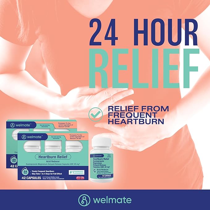 WELMATE - Esomeprazole Magnesium 20 mg - Heartburn Medicine - Acid Reducer - Delayed Release Heartburn Relief - 24hr Protection - for Men & Women - 42 Capsules - 1 Pack