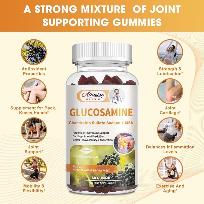 Glucosamine Chondroitin Msm Gummies, Glucosamine Complex Supplement & Elderberry for Extra Strength Joint Movement, Antioxidant Immune, High Bioavailability Vegan Glucosamine,Gifts for mom&dad