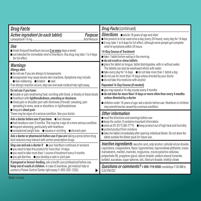 Amazon Basic Care Lansoprazole Delayed Release Orally Disintegrating Tablets 15 mg, Acid Reducer Pills, Strawberry Flavor, 42 Count