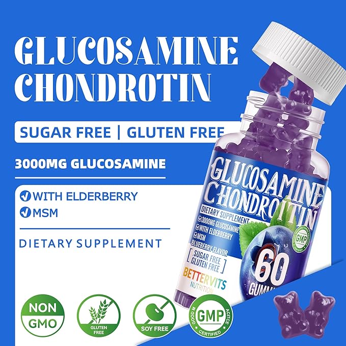 Glucosamine Chondroitin Gummies with MSM & Elderberry Extra Strength - Joint Support, Antioxidant Immune Support Supplement for Adults, Men & Women.120 Blueberry Gummies