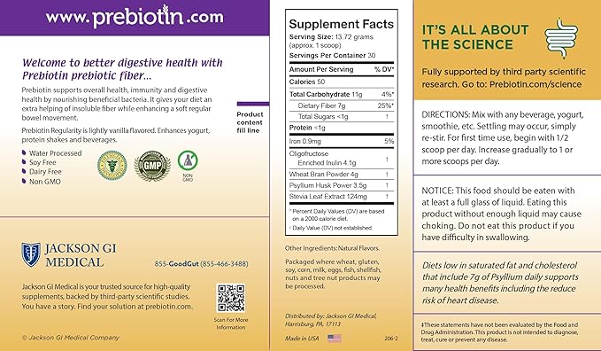 Prebiotin Prebiotic Regularity – 14.52 oz – 30 Servings – Supports Digestive Health & Bowel Regularity - Balances Gut Microbiome, Boosts Your Own Probiotics & Promotes Soft Stool