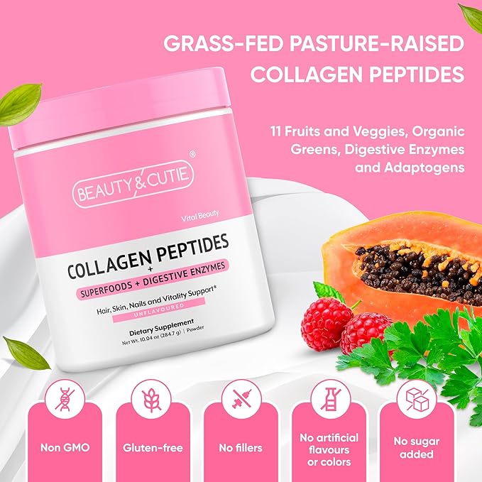 Collagen Peptides with Superfoods and Digestive Enzymes, Powder, Grass Fed, Pasture Raised, for Hair, Skin, Nails, and Immune System Support, Unflavored, Gluten Free,10.04 oz