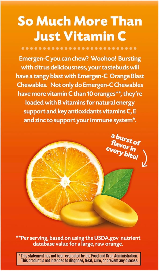 Emergen-C Chewable Vitamin C 1000mg, With B Vitamins And Antioxidants Tablet (40 Count, Orange Blast Flavor), Dietary Supplement