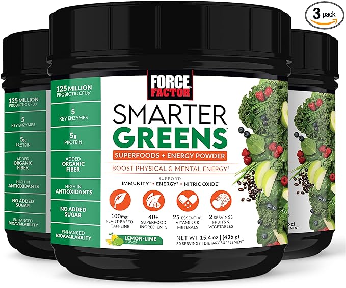 FORCE FACTOR Smarter Greens Superfoods + Energy Powder to Boost Energy & Support Digestion, Gut Health, Bloating, Greens Powder with Digestive Enzymes, Probiotics & Prebiotics, Lemon Lime, 90 Servings