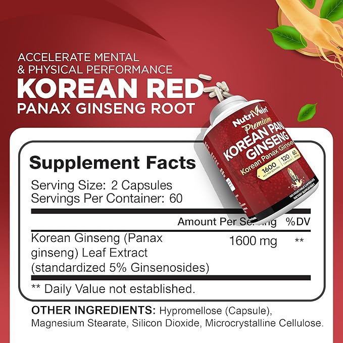 Nutrivein Premium Korean Red Panax Ginseng Supplement 1600 mg - 120 caps - Powerful Korean Red Ginseng for Vitality, Clarity, Performance, & Defenses