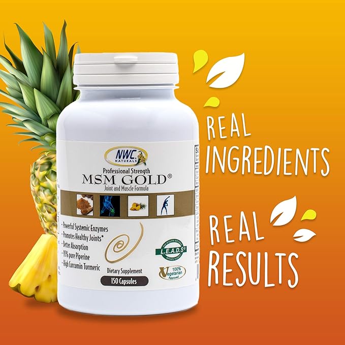 NWC Naturals MSM Gold – Systemic Enzyme Supplement with Turmeric, Tomato Lycopene & BioPerine for Nutrient Absorption – Joint & Muscle Support – 150 Antioxidant-Rich Vegetarian Capsules