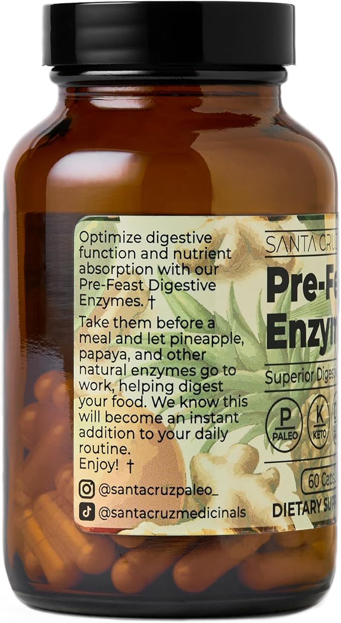 Santa Cruz Paleo Pre-Feast Digestive Enzymes for Women and Men, Fiber Supplement for Gut Health & Digestive Health, Gluten Free, Keto, Sugar Free, Paleo, with Bromelain, Ginger Root, 60 Capsules