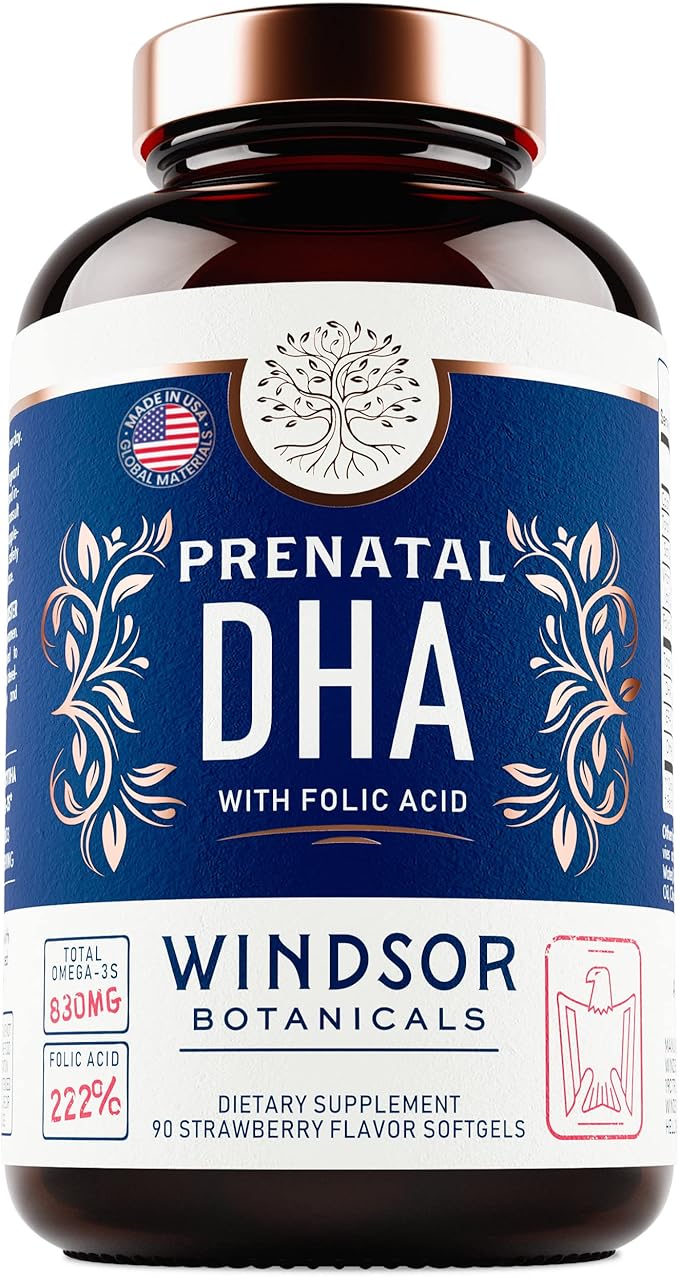 Prenatal DHA and Folic Acid - 830mg Omega-3 (DHA + EPA Fish Oil), 800mcg Folic Acid - High-Potency Prenatal Vitamins for Women - Supports Fetal Development & Baby’s Brain - 90 Strawberry Softgels