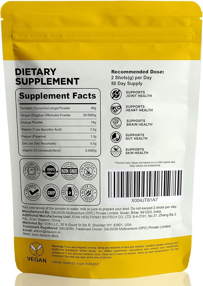 Turmeric Shots with Ginger, Piperine, Vitamins, Zinc & Orange | High Bioavailability Supplement for Joint, Heart, Brain, Gut & Skin Health | Curcumin Immune Support | 100 Shots