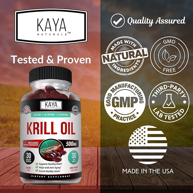 Kaya Naturals - Antarctic Krill Oil 500mg with Omega 3, EPA, DHA, Phospholipids & Astaxanthin Supplement - Brain & Health Vitamin - Anti Aging Supplement - 30 Count Softgels