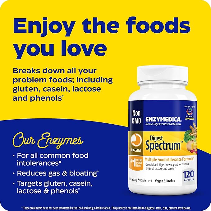 Enzymedica Digest Spectrum, Digestive Enzymes for Multiple Food Intolerances, Offers Fast-Acting Gas & Bloating Relief, 120 Capsules FFP