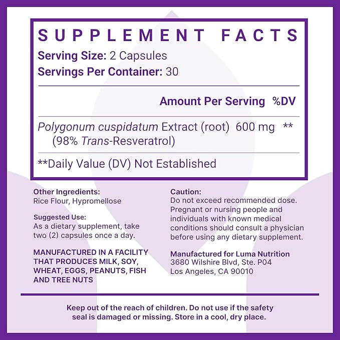Luma Nutrition High Purity Resveratrol Supplement - 98% Trans-Resveratrol - Antioxidant - Resveratrol Capsules - Vegan & Gluten-Free - 60 Capsules