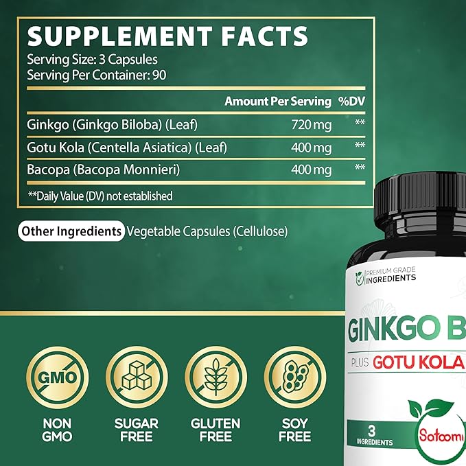 1520mg Ginkgo Biloba Supplements with Gotu Kola Leaf, Bacopa Monnieri - 270 Capsules - Extra Strength Support for Brain Health, Memory Function, Focus & Vision Quality - 3 Month Supply