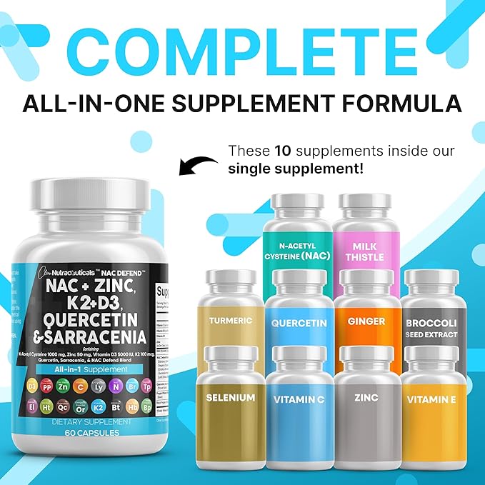 NAC Supplement N-Acetyl Cysteine Vitamin D3 K2 Zinc Quercetin Sarracenia Purpurea Immune Support | Elderberry Holy Basil Bee Propolis Bromelain L-Lysine Capsules Supplements For Women Men Adults