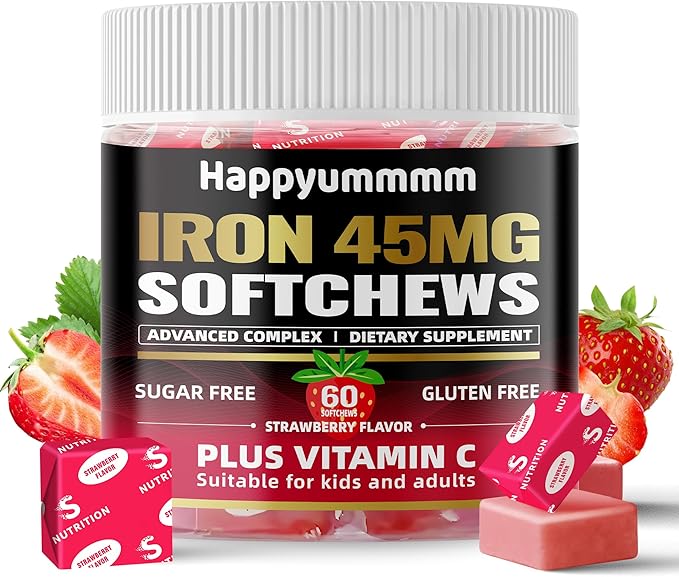 Iron Soft Chews Supplement with Vitamin C | Strawberry Flavored | Gluten Free | Iron Supplement for Women Men and Kids | 60 Count | 2 Month Supply