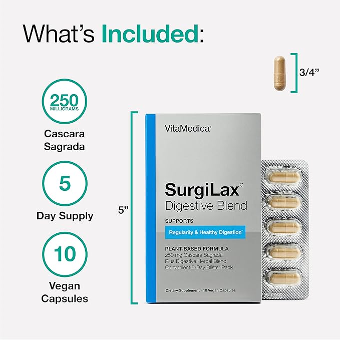 VitaMedica SurgiLax Digestive Blend - All-Natural 5 Day Colon Cleanse - Detox with Cascara Sagrada, Ginger & Milk Thistle for Constipation Relief, Gas & Bloating - 10 Vegan Capsules