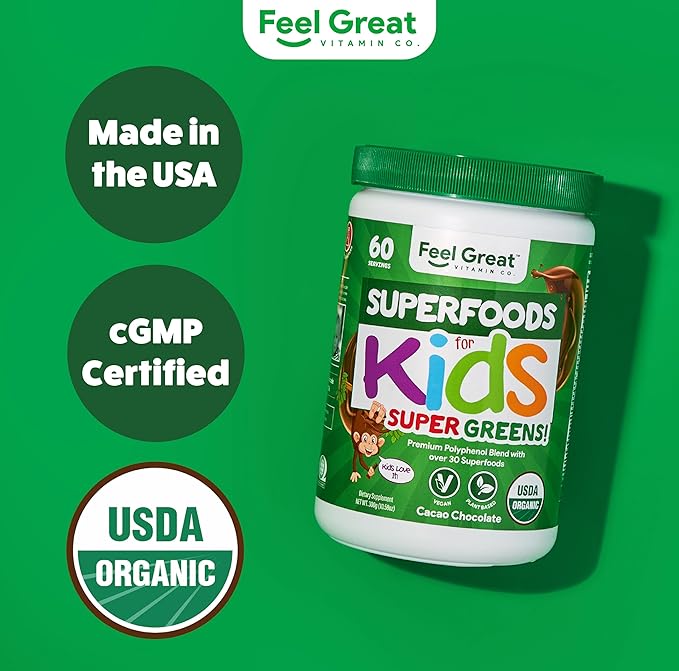 Feel Great USDA Organic Super Greens Powder for Kids - Cocao Chocolate | Fruit & Veggie Supplement | Superfood Powder with Probiotics & Digestive Enzymes for Digestive Health | 60 Days Supply