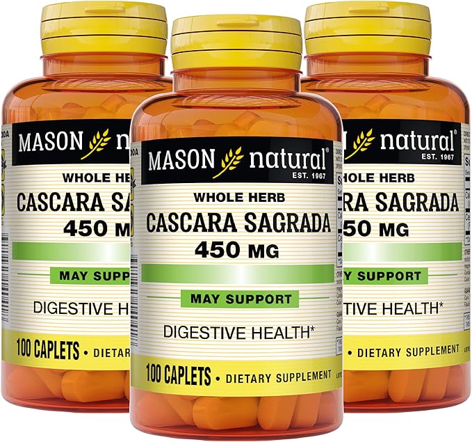 MASON NATURAL Cascara Sagrada 450 mg with Calcium - Promotes Bowel Function, Gentle Constipation Relief, Improved Digestive Health, 100 Caplets (Pack of 3)