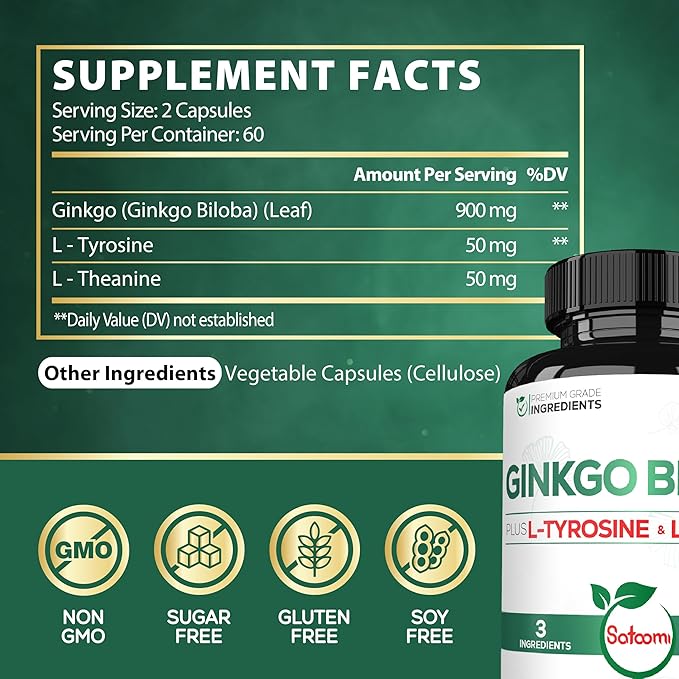 1000mg Ginkgo Biloba Supplements with L-Tyrosine, L-Theanine - 120 Capsules for 2-Month Supply - Support Focus, Mermory Function, Brain Health & Vision Quality