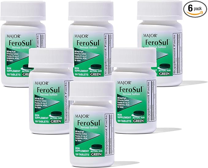 Major Ferosul - Ferrous Sulfate 325mg Tablets with 65mg of Elemental Iron - Iron Supplement for Women, Men - Green - 100 Tablets (6 Pack)