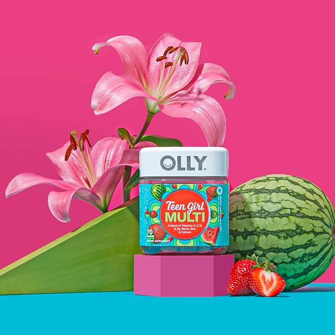 OLLY Teen Girl Multi Gummy, Healthy Skin and Immune Support, 15 Essential Vitamins, Biotin, Zinc, Calcium, Chewable Multivitamin, Berry Melon, 35 Day Supply, 70 Count (Pack of 2)