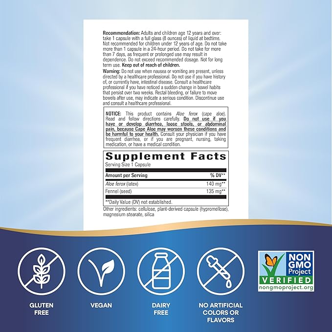 Nature's Way Aloe Latex with Fennel, For Occasional Constipation*, Non-GMO Project Verified, Gluten free, 100 Vegan Capsules (Packaging May Vary)